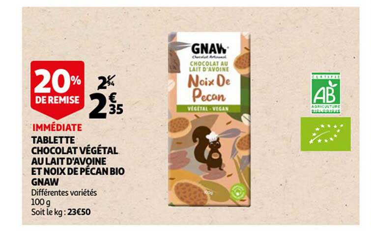 tablette chocolat végétal au lait d'avoine et noix de pécan bio gnaw