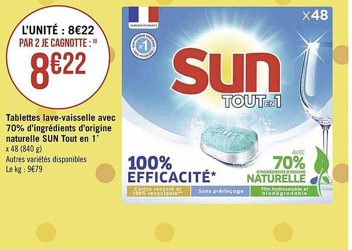 tablette lave-vaisselle avec 70% d'ingrédients d'origine naturelle sun tout en 1
