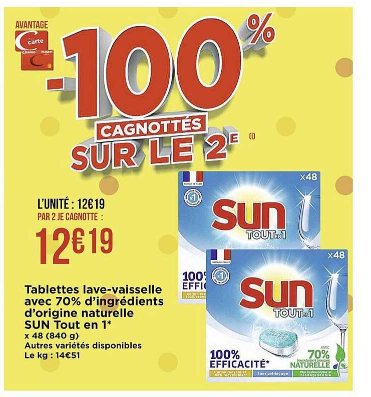 tablettes lave-vaisselle avec 70% d'ingrédients d'origine naturelle sun tout en 1