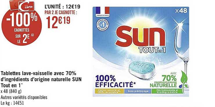tablettes lave-vaisselle avec 70% d'ingrédients d'origine naturelle sun tout en 1