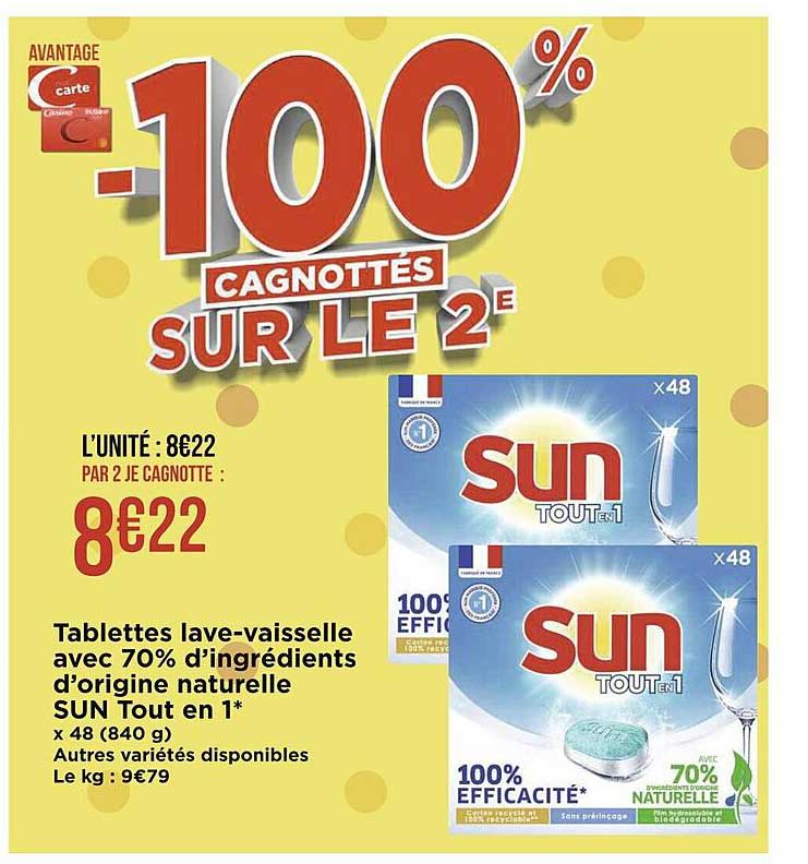 tablettes lave-vaisselle avec 70% d'ingrédients d'origine naturelle sun tout en 1