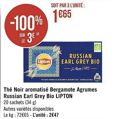 thé noir aromatisé bergamote agrumes russian earl grey bio lipton
