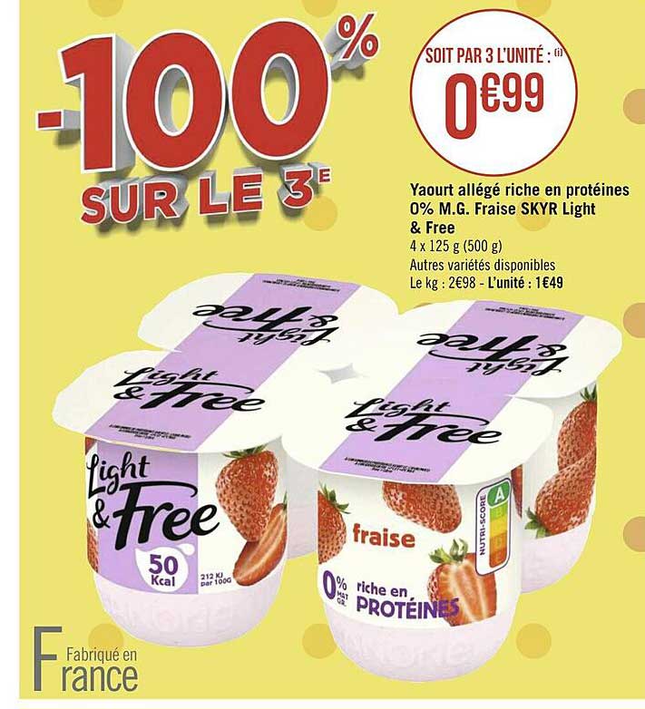 yaourt allégé riche en protéines 0% m.g. fraise skyr light & free