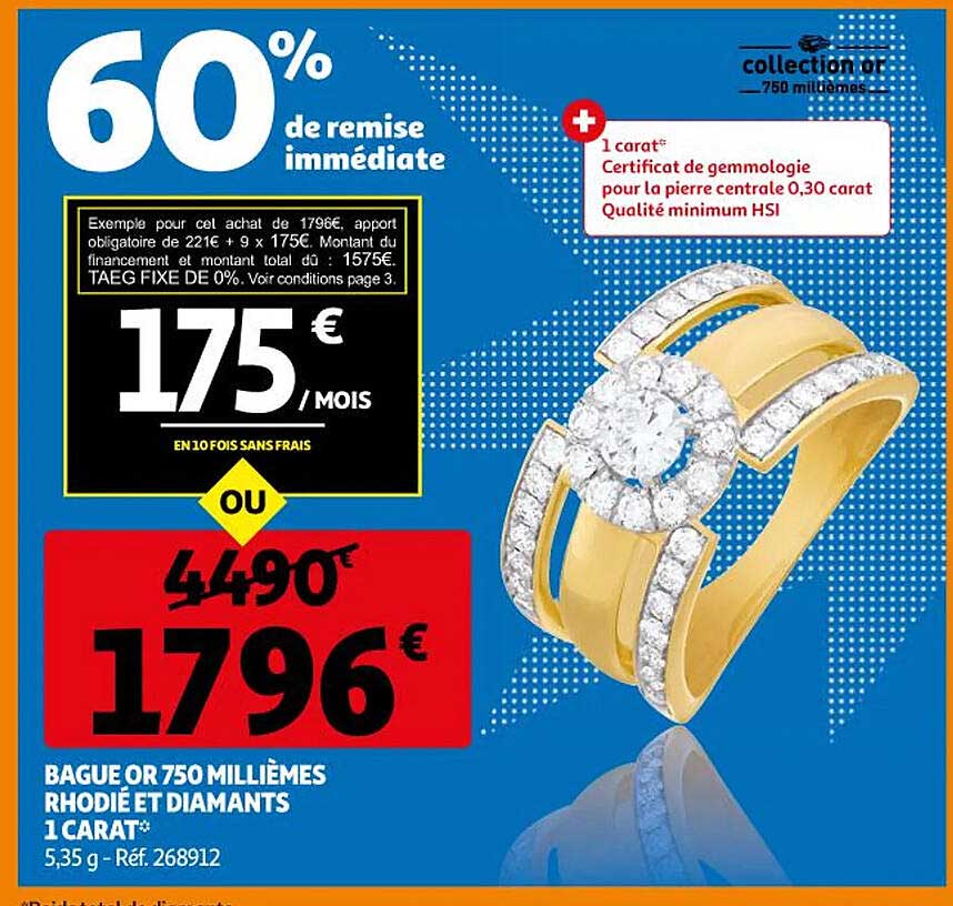 bague or 750 millièmes rhodié et diamants 1 carat