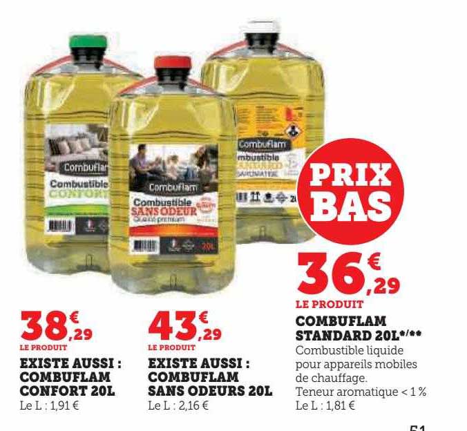 combuflam confort 20l, combuflam sans odeurs 20l, combuflam standard 20l