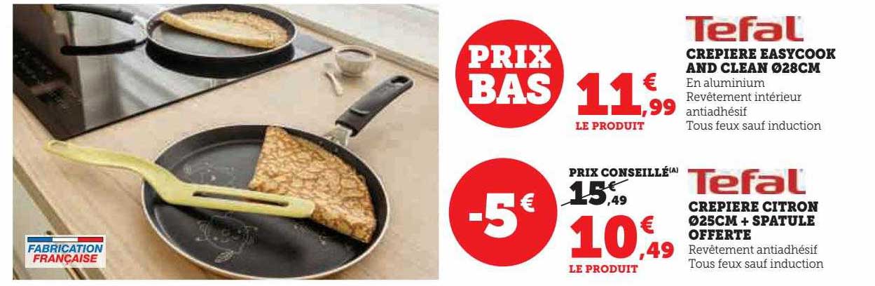 crêpière easycook and clean ø28 cm tefal, crêpière citron ø25 cm + spatule offerte tefal