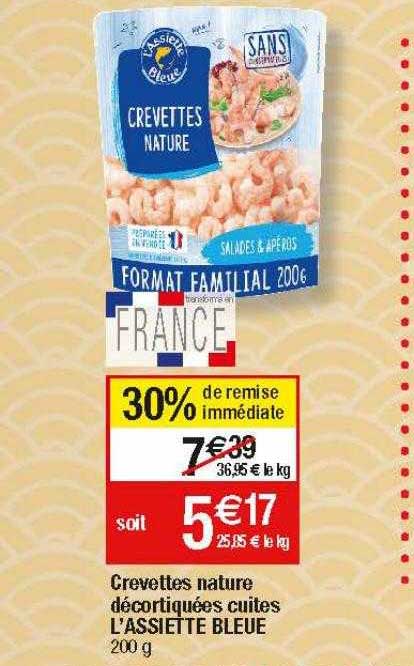 crevettes nature décortiquées cuites l'assiette bleue