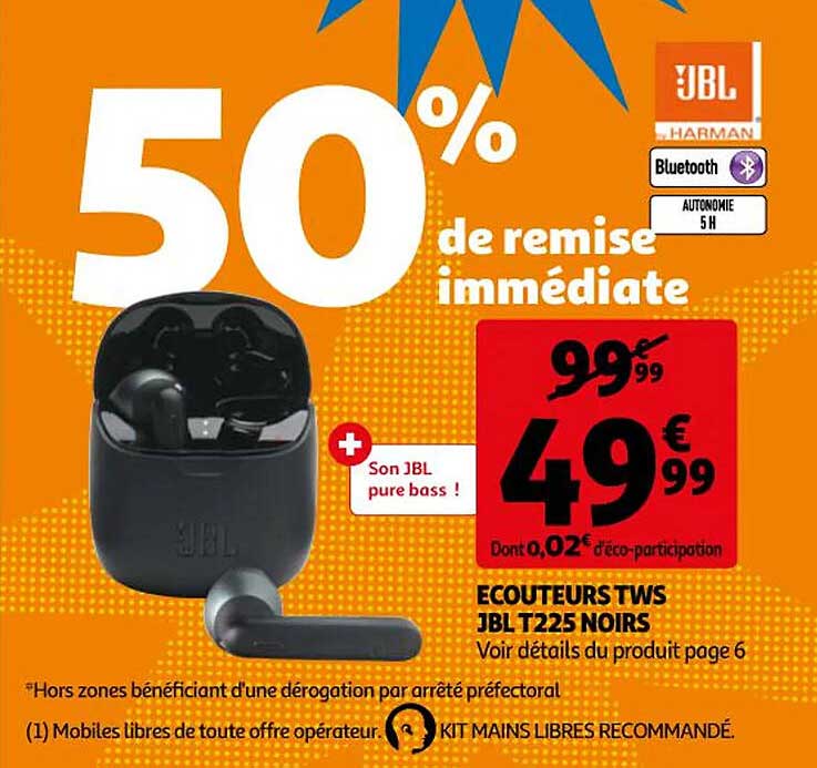 écouteurs tws jbl t225 noirs