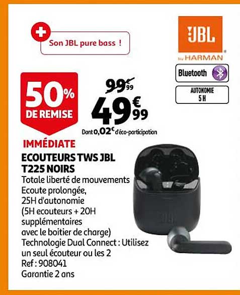 écouteurs tws jbl t225 noirs