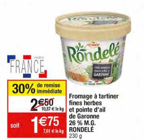 fromage à tartiner fines herbes et pointe d'ail de garonne 26% m.g. rondelé