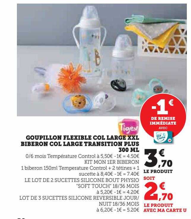 goupillon flexible col large xxl biberon col large transition plus 300 ml tiger