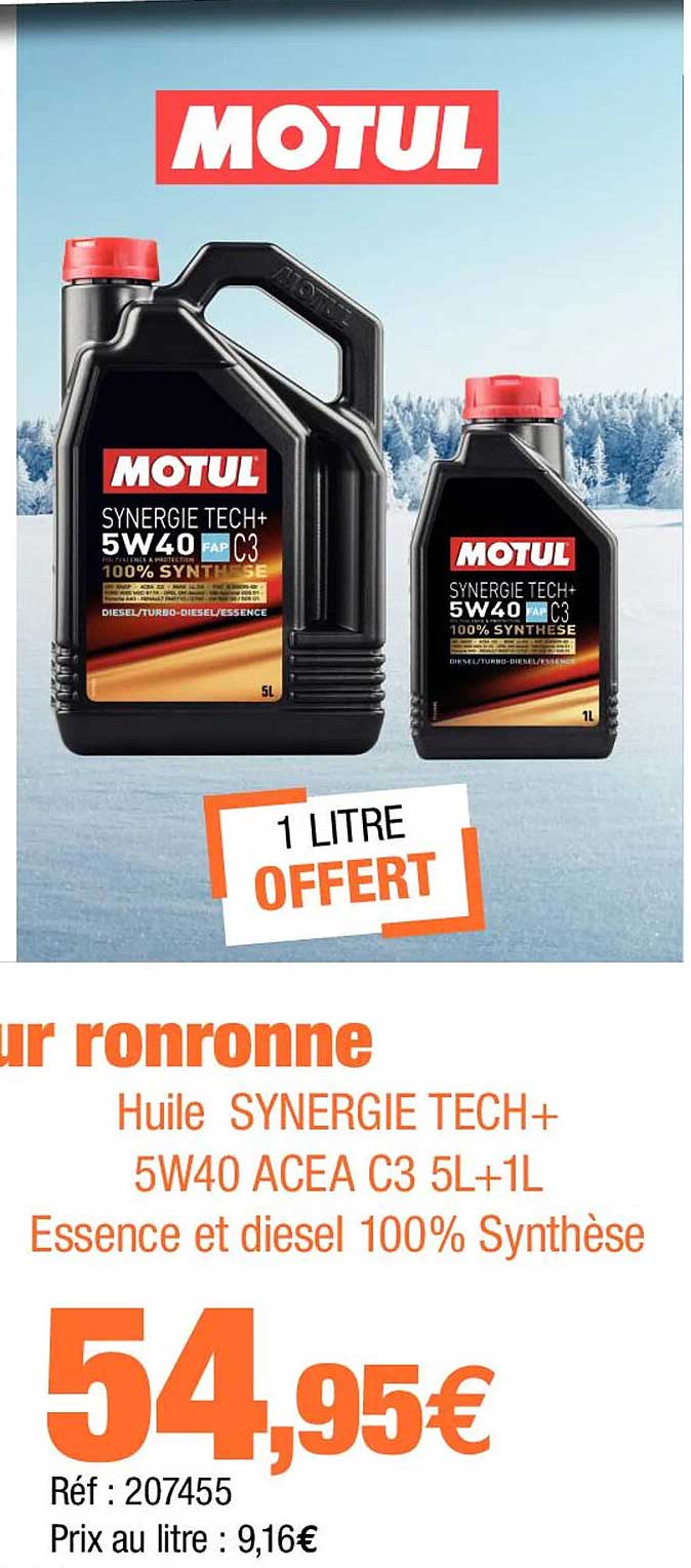 huile synergie tech+ 5w40 acea c3 5l + 1l essence et diesel 100% synthèse