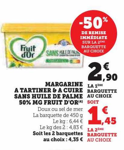 Margarine à Tartiner & à Cuire Sans Huile De Palme 50% Mg Fruit D'or