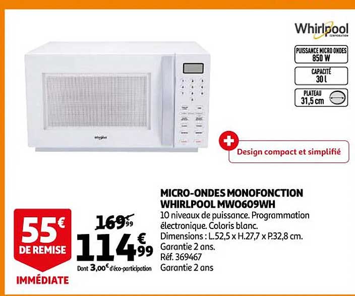 micro-ondes monofonction whirlpool mw0609wh