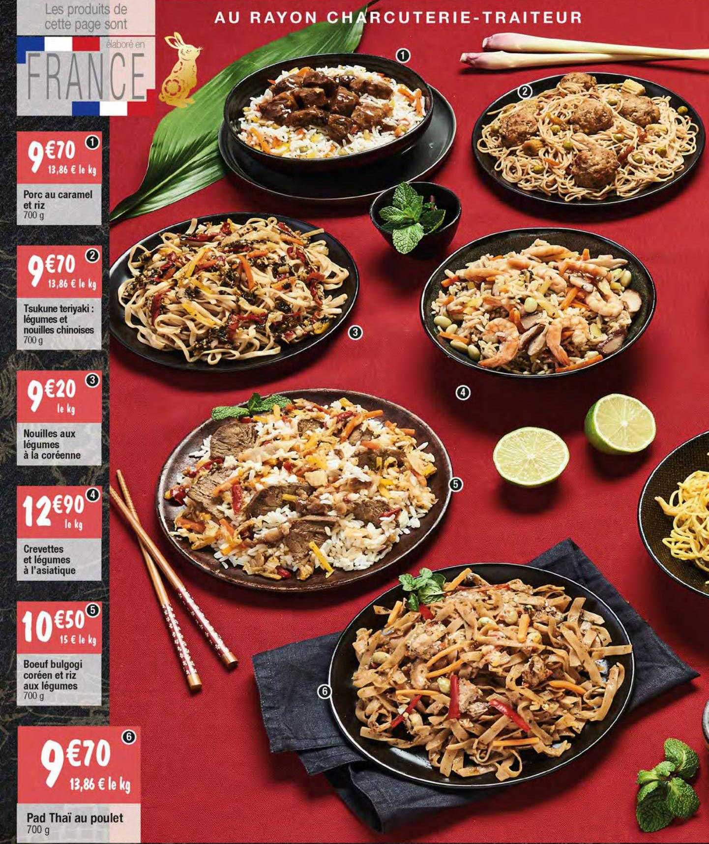 porc au caramel et riz, tsukune teriyaki : légumes et nouilles chinoises, nouilles aux légumes à la coréennes, crevettes et légumes à l'asiatique, bœuf bulgogi coréen et riz aux légumes, pad thaï