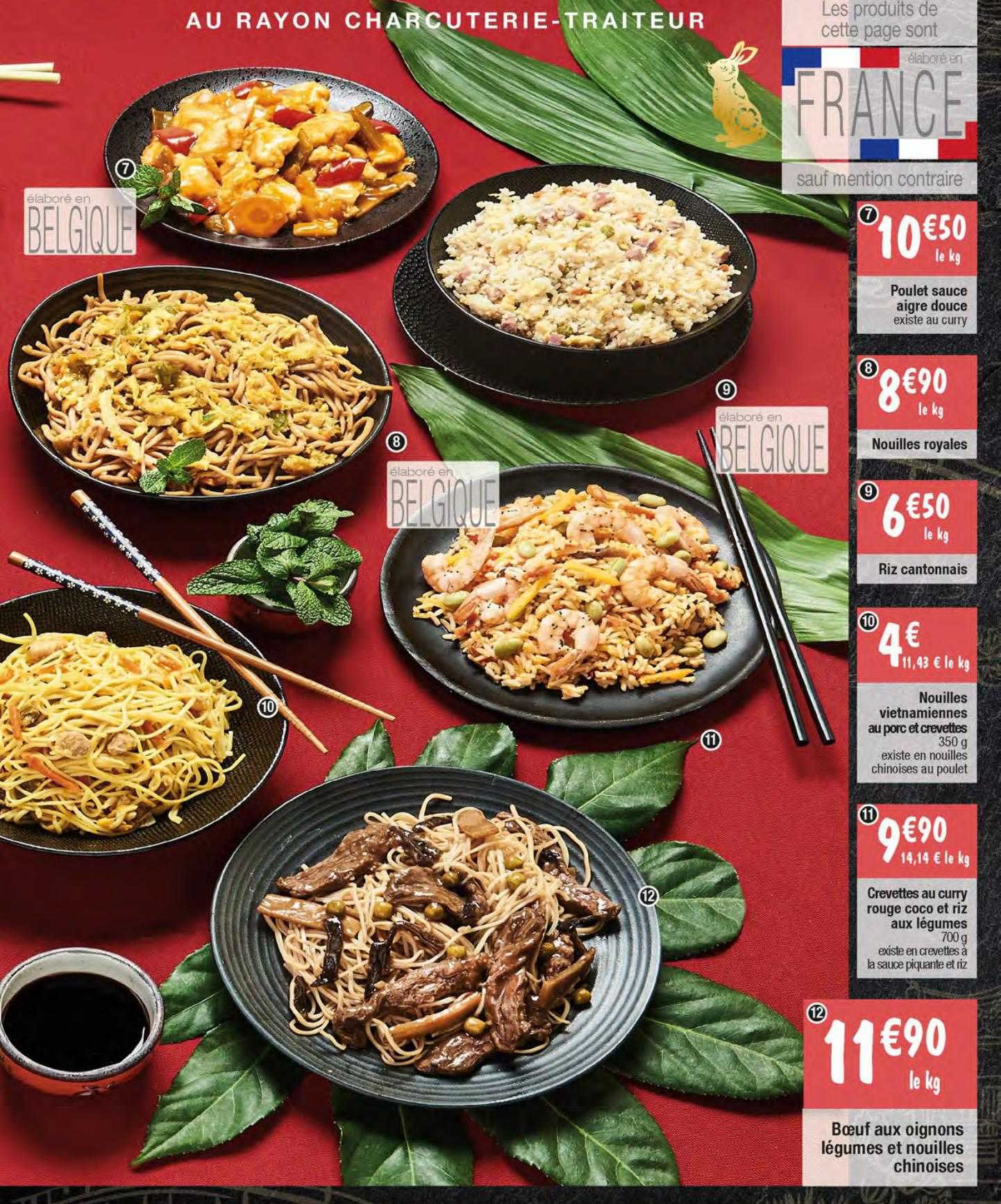 Poulet Sauce Aigre Douce, Nouilles Royales, Riz Cantonnais, Nouilles Vietnamiennes Au Porc Et Crevettes, Crevettes Au Curry Rouge Coco Et Riz Aux Légumes, Bœuf Aux Oignons Légumes Et Nouilles Chinois