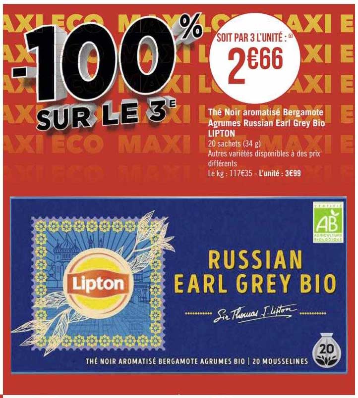 thé noir aromatisé bergamote agrumes russian earl grey bio lipton