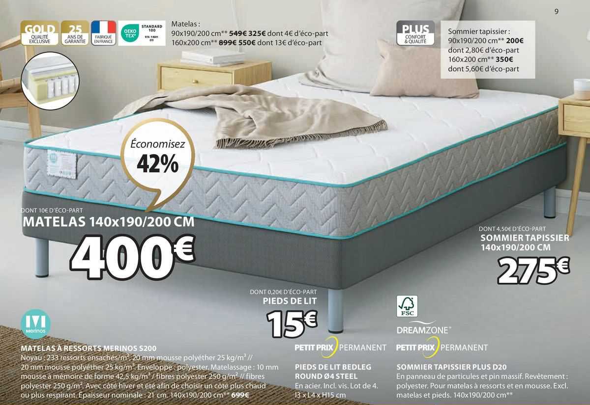 matelas à ressorts merinos s200, pieds de lit bedleg round ø 4 steel, sommier tapissier plus d20