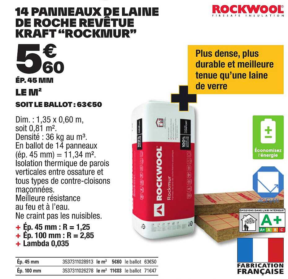 14 panneaux de laine de roche revêtue kraft "rockmur"
