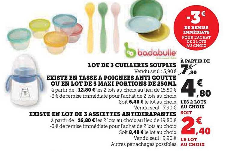 badabulle lot de 3 cuillères souples existe en tasse à poignées anti goutte ou en lot de 5 maxi portions de 250 ml existe en lot de 3 assiettes antidérapantes
