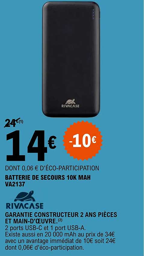 batterie de secours 10k mah va2137 rivacase