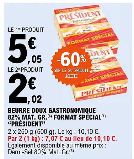 beurre doux gastronomique 80% de mat. gr. format spécial président