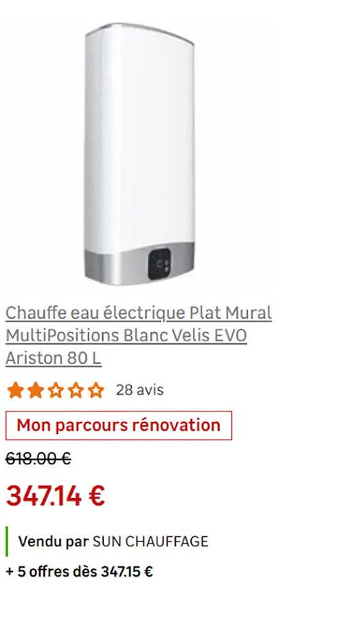 chauffe eau électrique plat mural multipositions blanc velis evo ariston 80l