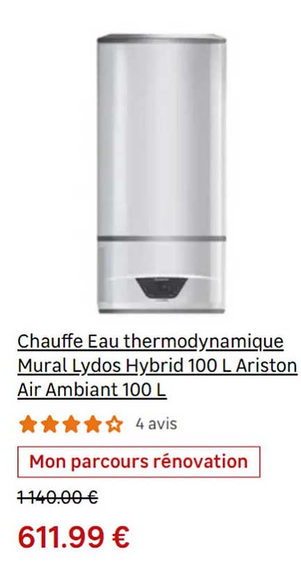 chauffe eau thermodynamique mural lydos hybrid 100l ariston air ambiant 100l