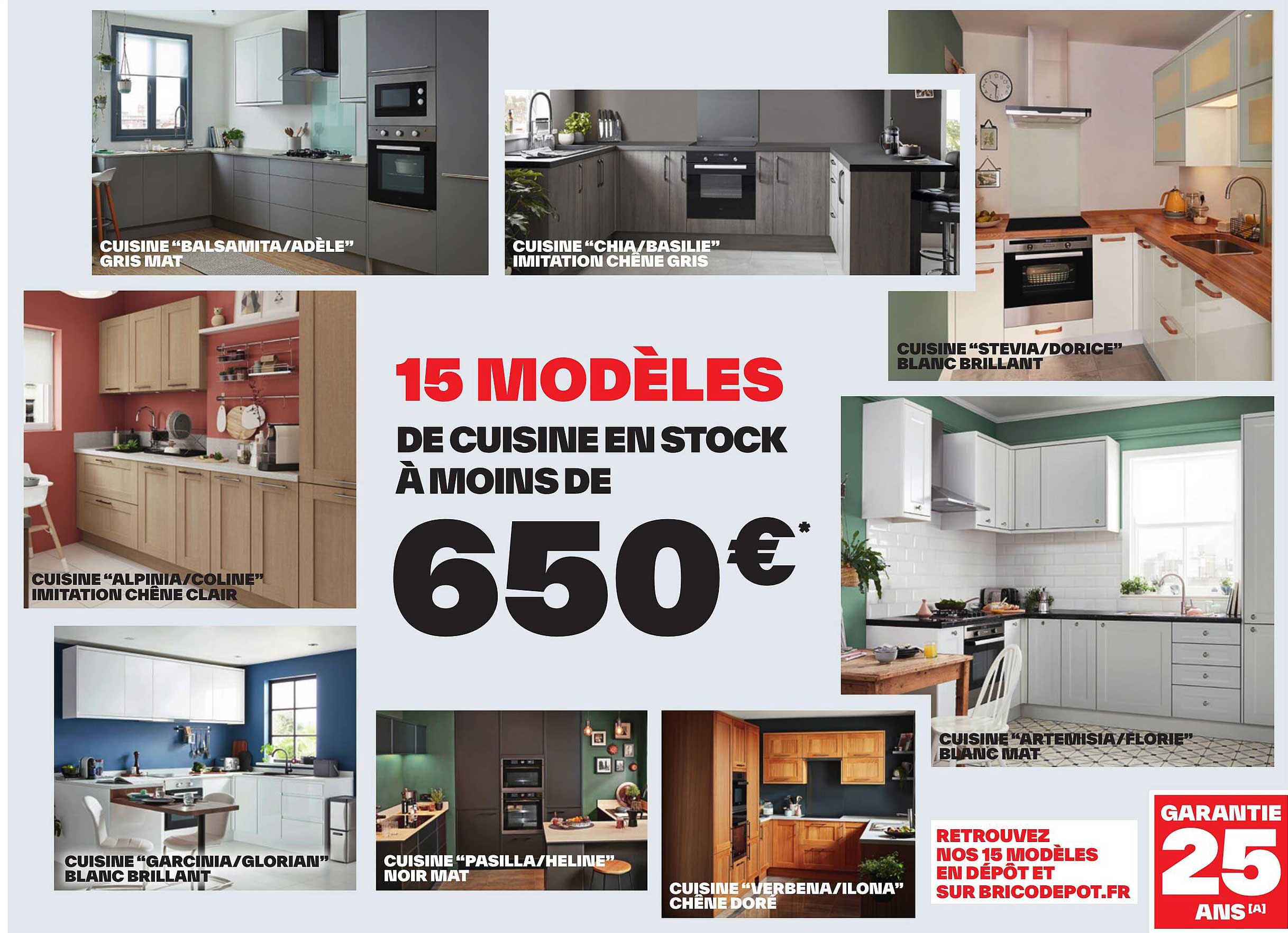 cuisine "balsamita/adèle" gris mat, cuisine "garcinial/glorian" blanc brillant, cuisine "pasilla/heline" noir mat, cuisine "verbena/ilona" chêne doré, cuisine "artemisia/florie", cuisine "stevia