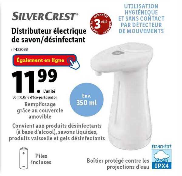 distributeur électrique de savon / désinfectant silver crest