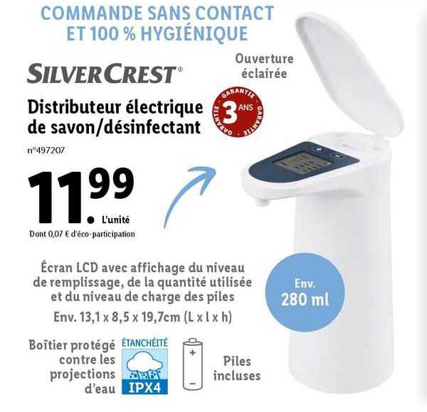distributeur électrique de savon/désinfectant silver crest