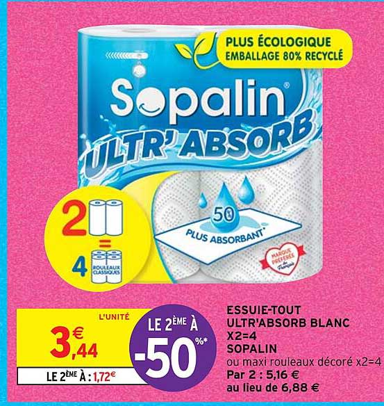 essuie-tout ultr'absorb blanc x2=4 sopalin