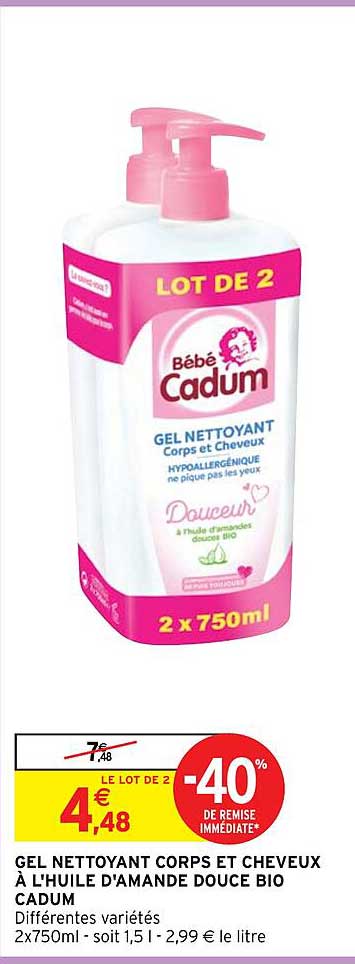 gel nettoyant corps et cheveux à l'huile d'amande douce bio cadum