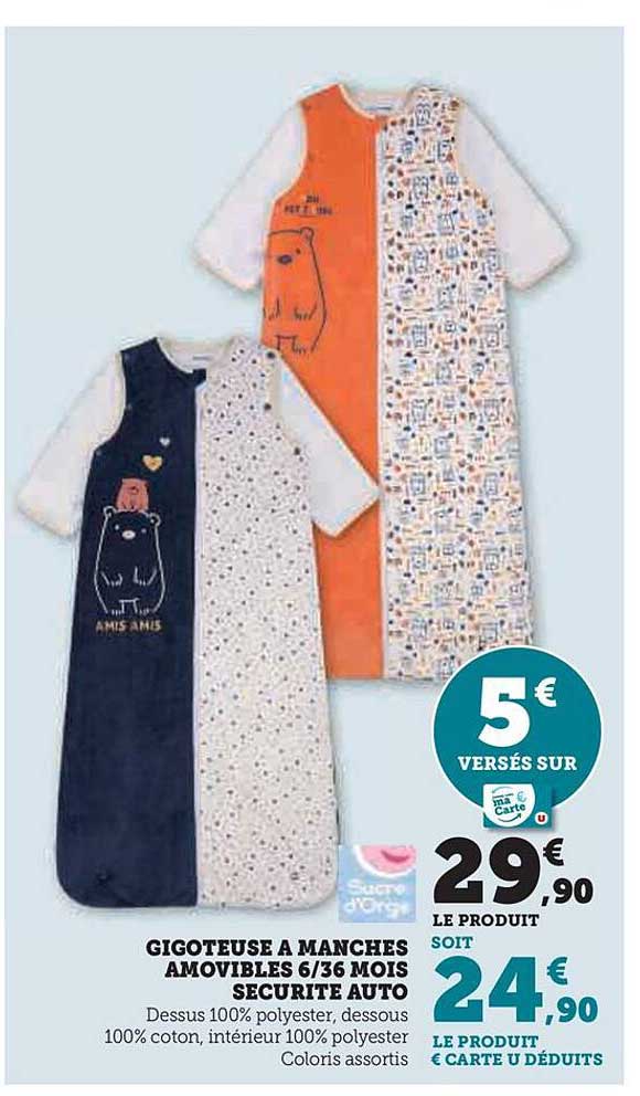 gigoteuse à manches amovibles 6-36 mois sécurité auto