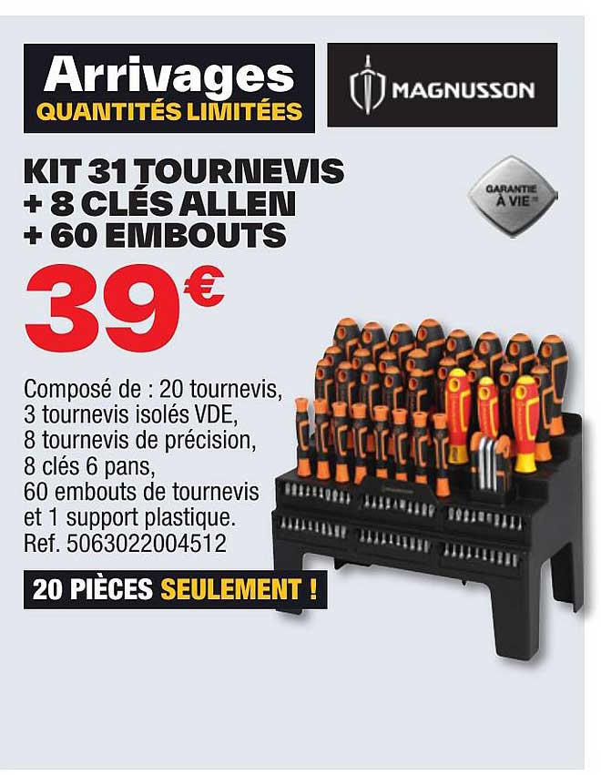 kit 31 tournevis + 8 clés allen + 60 embouts magnusson