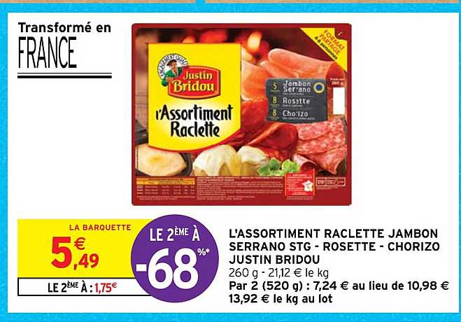l'assortiment raclette jambon serrano stg - rosette - chorizo justin bridou