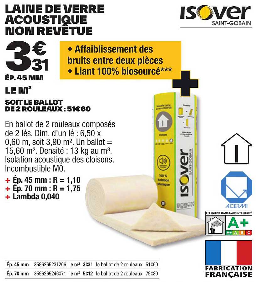 laine de verre acoustique non revêtue isover