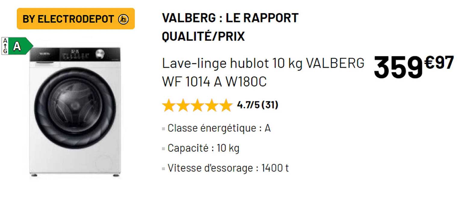 lave-linge hublot 10 kg valberg wf 1014 a w180c