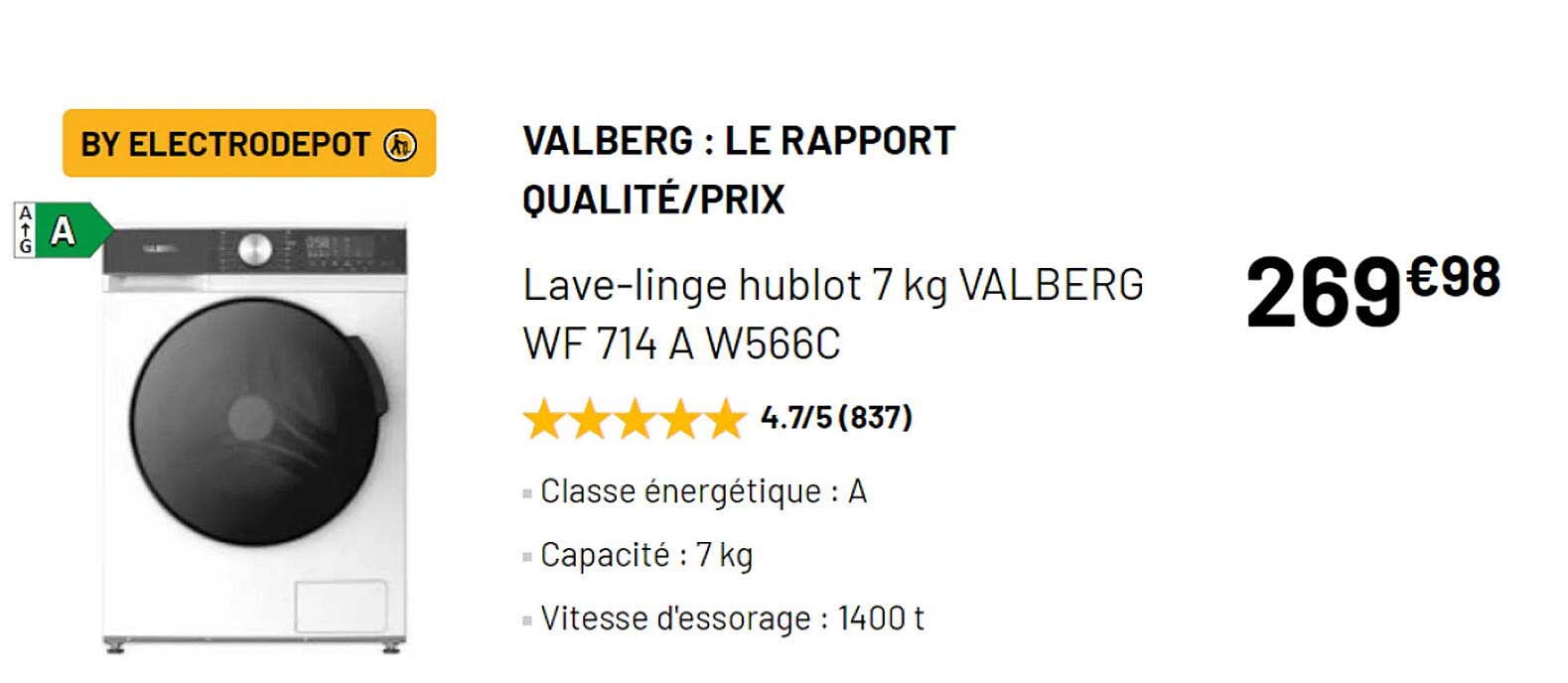 lave-linge hublot 7 kg valberg wf 714 a w566c