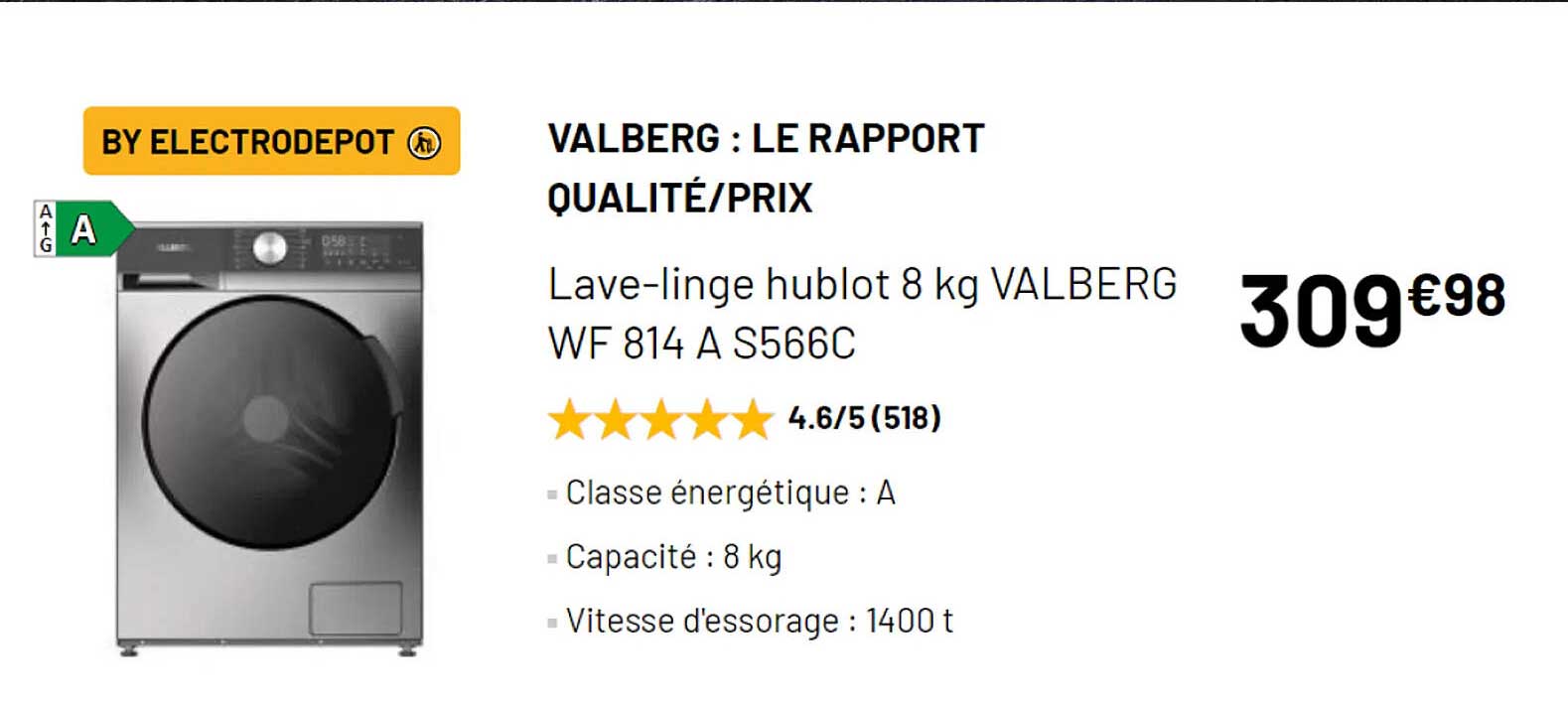lave-linge hublot 8 kg valberg wf 814 s566c