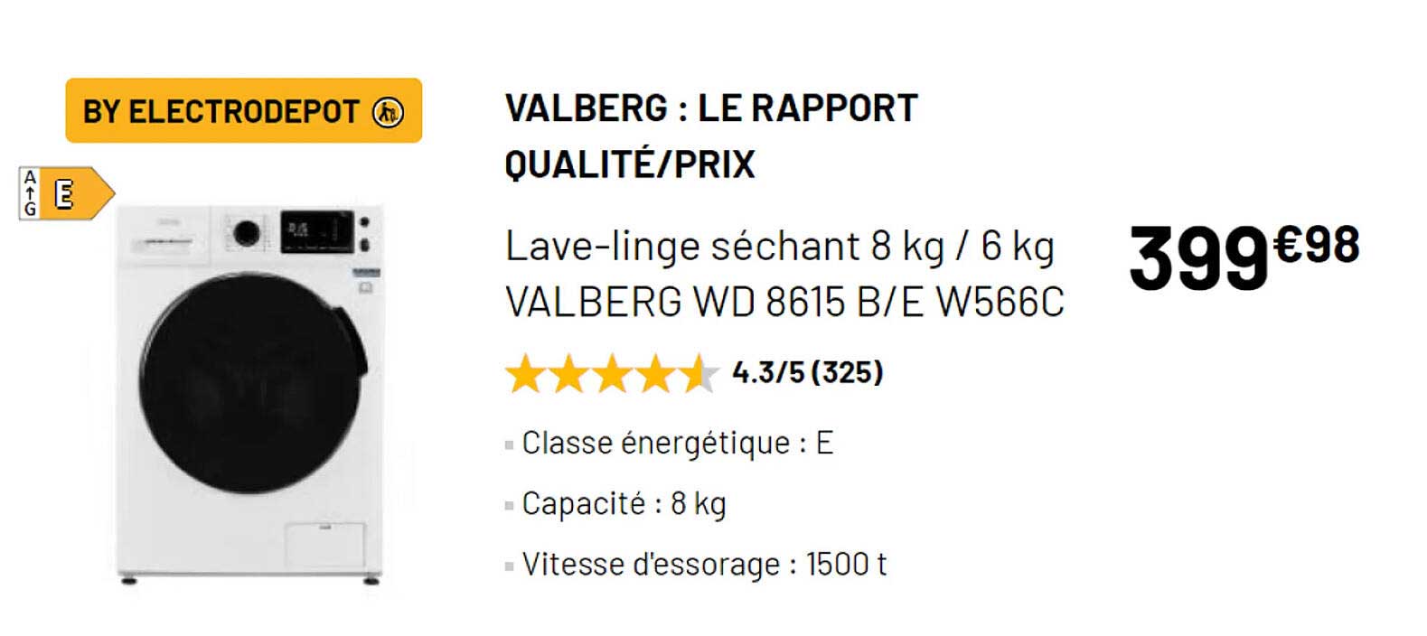 lave-linge séchant 8 kg - 6 kg valberg wd 8615 b-e w566c