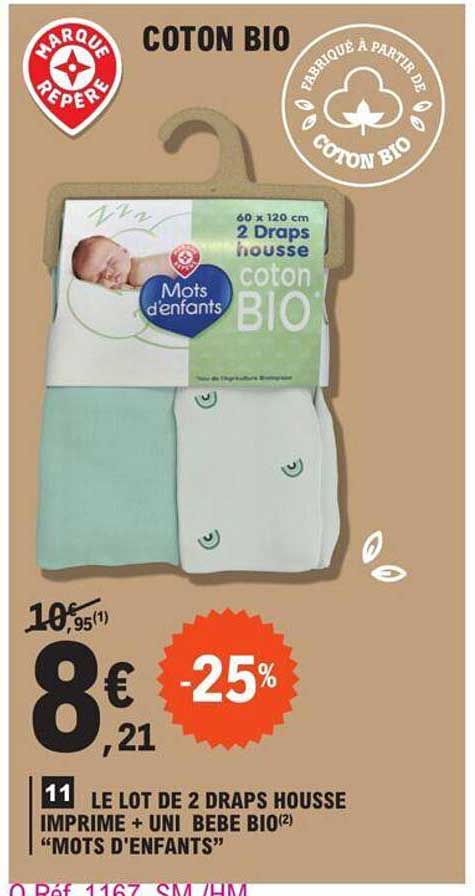 le lot de 2 draps housse imprimé + uni bébé bio "mots d'enfants"
