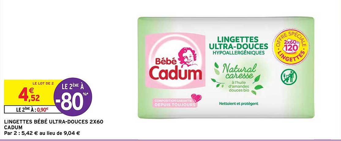 lingettes bébé ultra-douces 2 x 60 cadum