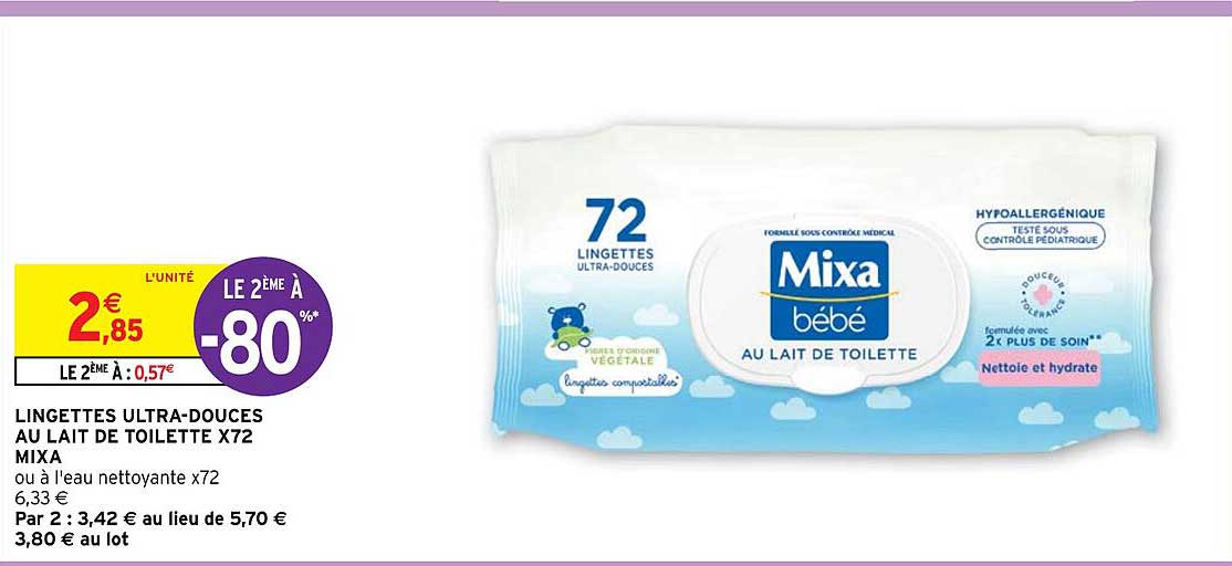 Lingettes Ultra-douces Au Lait De Toilette X72 Mixa