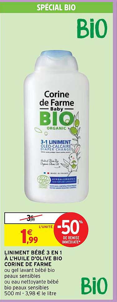 liniment bébé 3 en 1 à l'huile d'olive bio corine de farme