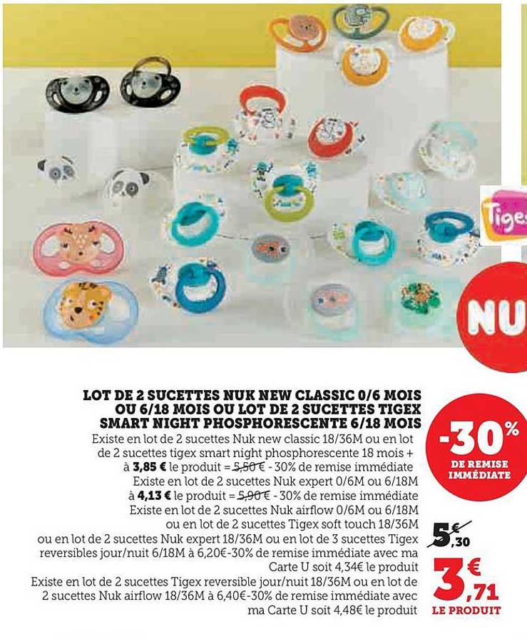 lot de 2 sucettes nuk new classic 0-6 mois ou 6-18 mois ou lot de 2 sucettes tigex smart night phosphorescentes 6-18 mois