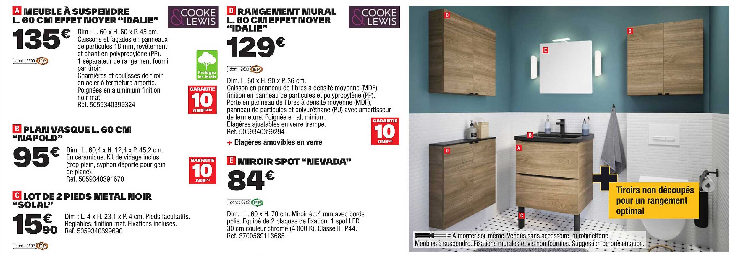 meuble à suspendre l. 60 cm effet noyer "idalie", plan vasque l. 60 cm, lot de 2 pieds métal noir "solal", rangement mural l. 60 cm effet noyer, miroir spot "nevada" cooke & lewis