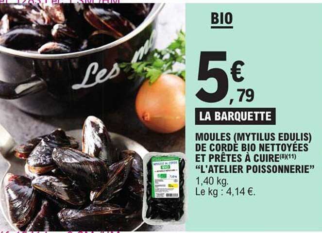 moules (mytilus edulis) de corde bio nettoyées et prêtes à cuire l'atelier poissonnerie