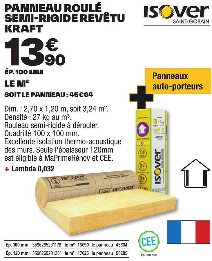 panneau roulé semi-rigide revêtu kraft isover