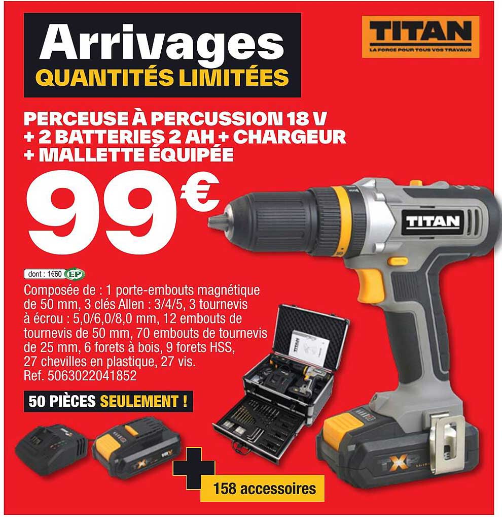 perceuse à percussion 18 v + 2 batteries 2 ah + chargeur + mallette équipée titan